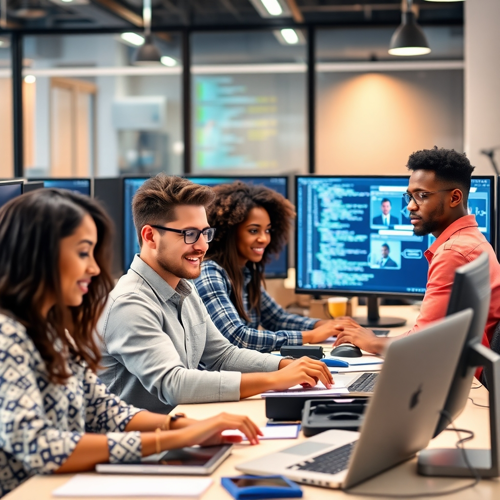 Create an image of a diverse team of developers hard at work on AI chatbot technology in a modern, tech-driven office. Include screens with coding and designs in the background. Use a blend of warm and cool colors to represent creativity and technology in this engaging, professional setting.