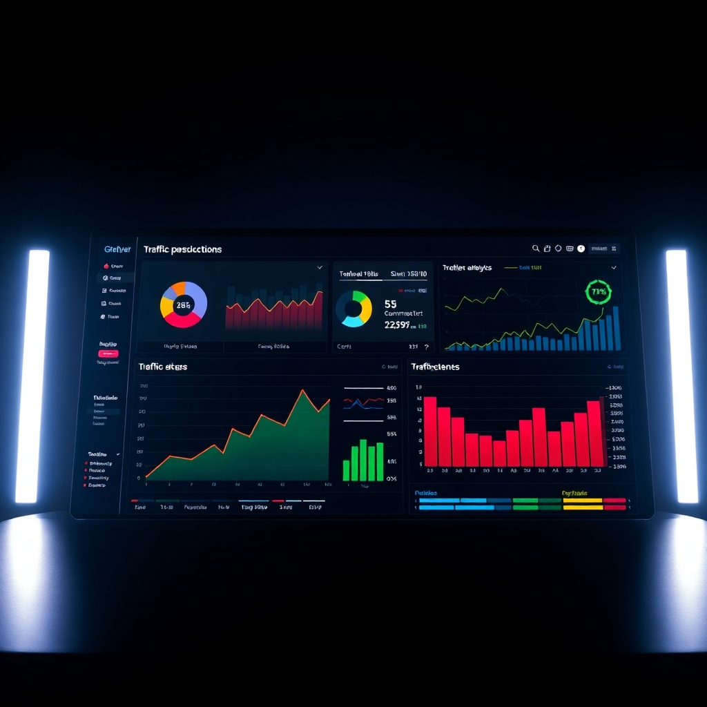Create an image of a high-tech analytics dashboard with various data visualizations and colorful charts illustrating traffic performance. The setting should be dimly lit for a dramatic effect, with focused light on the dashboard. Include an attractive color range with bright reds, greens, and blues to highlight different metrics. Capture it from a frontal view to emphasize the data layout. The final image must be photorealistic and engaging.