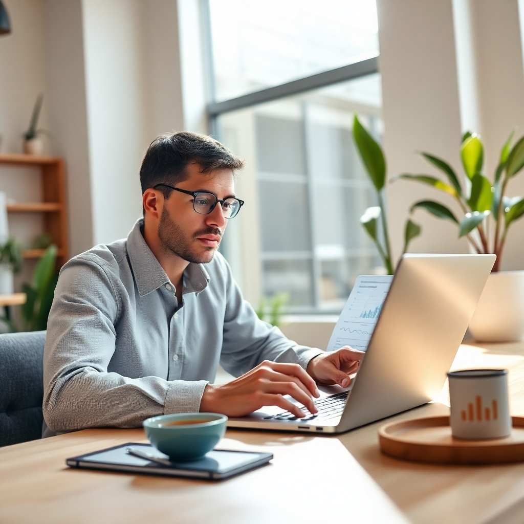 Create an image of a marketer analyzing AI-generated reports on a sleek laptop in a modern office space. The lighting should be natural with sunlight coming through the window, illuminating the workspace. The color palette includes soft whites and earthy tones for a grounded feel. The camera angle should be at eye-level to show engagement. Incorporate textures like polished wood and plant life for a calming effect. Make the image stylized yet relatable.