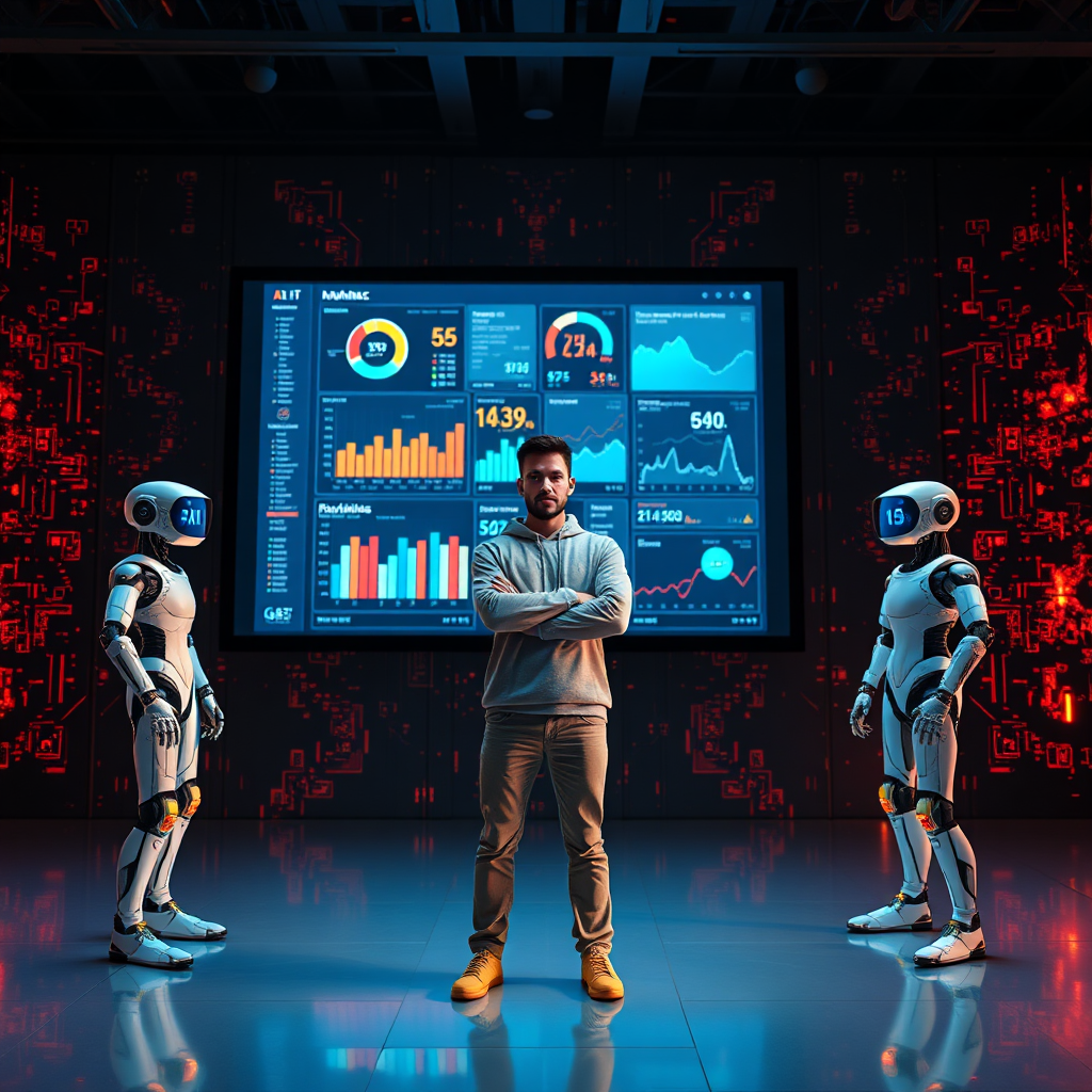 Create an image of a person standing confidently in front of a large screen filled with data analytics while A.I. clones stand beside them. Focus on bright data visualizations that paint a vivid future with possibilities. The environment should be sleek and modern, adding depth with interactive elements around. The color palette should utilize vibrant hues to showcase excitement and positivity through the technology utilized. Capture this in photorealistic detail with an inspiring and dynamic composition.