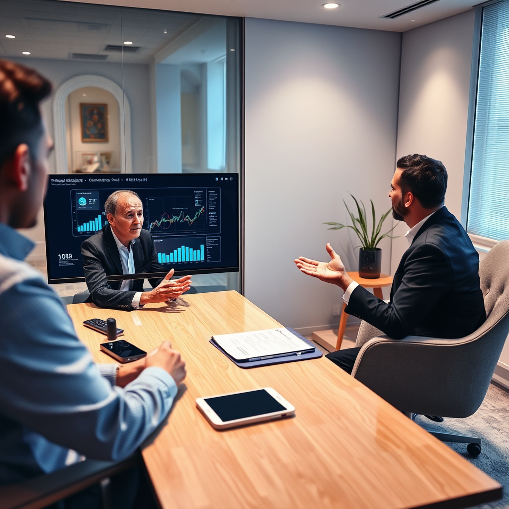 Create an image of a professional consultation room with a consultant explaining cybersecurity strategies to clients. Use a soft lighting effect to create an inviting and trustworthy environment. The image should include digital gadgets and screens displaying analytics, emphasizing a modern approach to consulting. Aim for a high-quality, photorealistic representation.