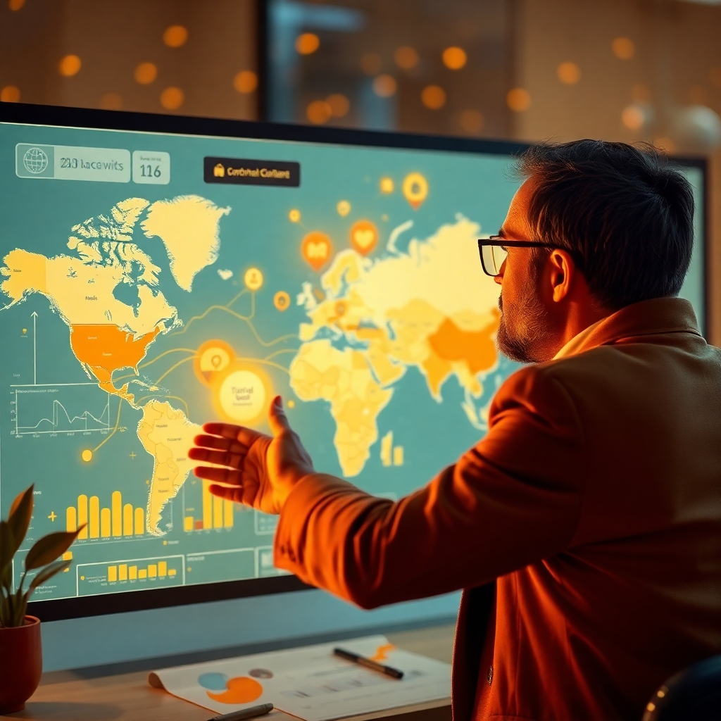 Create an image of a strategist at a digital map, exploring potential growth avenues with animated elements symbolizing trends. The color palette incorporates earth tones blended with energetic golden hues. The environment showcases a collaborative atmosphere, indicating brainstorming and growth. Style references: interactive strategy. 4K resolution, high quality.