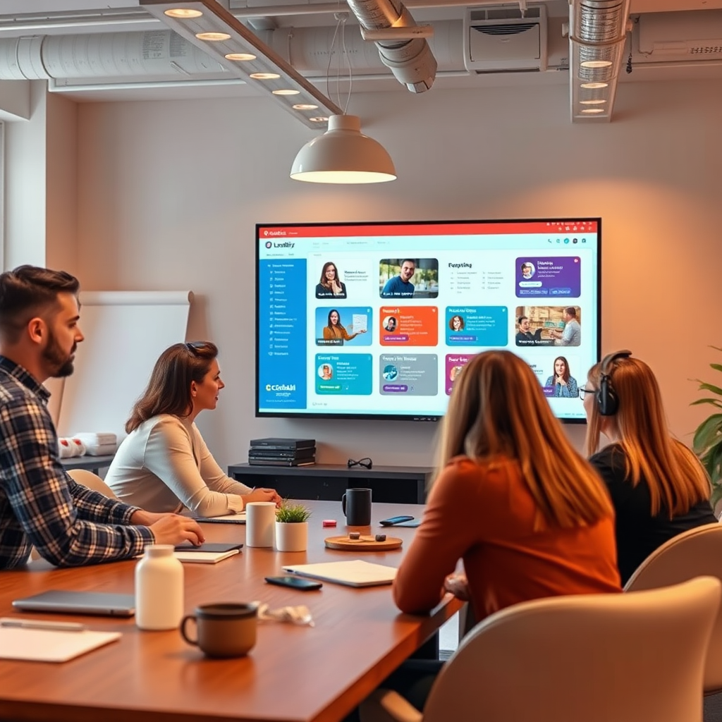 Create an image of a vibrant workspace where a marketing team is brainstorming with LocalBizAI’s features displayed on a large screen. Use a dynamic composition to show their engagement with the technology. Warm tones and good lighting highlight the collaborative environment. The image should be photorealistic, showcasing modern marketing collaboration in high quality.