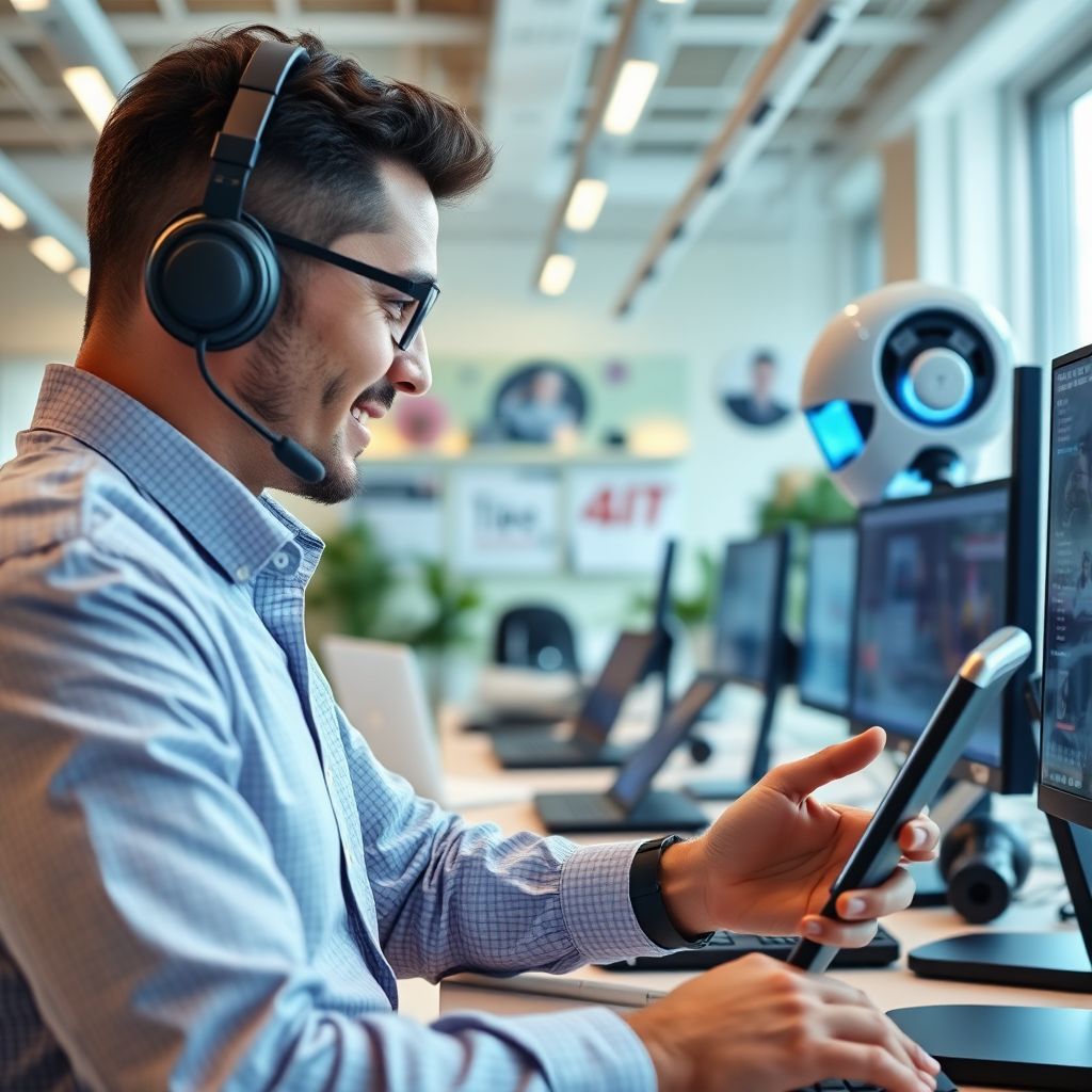 Create an image portraying a local business owner training their AI employees in a modern workspace. The setting should be bright and modern, filled with tech gadgets. The lighting is bright and cheerful, symbolizing creativity and innovation. Incorporate a color palette of blues and whites to signify technology. Capture from a perspective that includes both the business owner and the AI in action. Aim for high-quality details in 4K resolution.