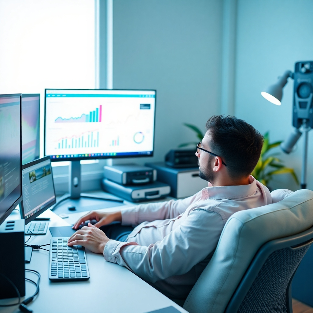 Create an image showcasing a serene workspace with automated systems at work. Capture a marketer relaxing while intelligent software analyzes data on-screen. The environment should be calm and organized with a cool color palette that includes soft blues and greens, reflecting tranquility and efficiency. This conveys the ease of AI in streamlining processes, enabling marketers to strategize effectively.