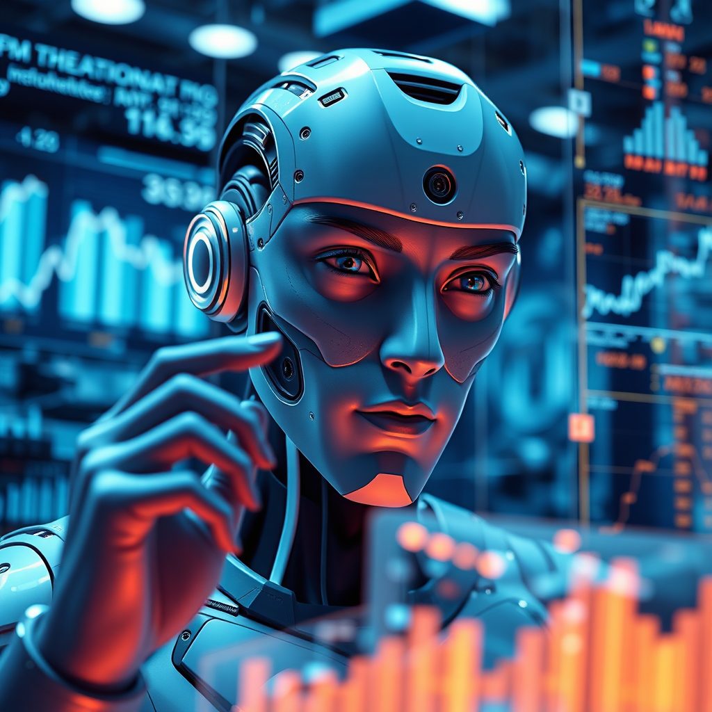 Create an image showcasing an A.I. avatar analyzing complex data and charts, with a holographic interface in a high-tech setting. Use sharp, attractive colors like deep blues and silvers to enhance the futuristic feel. The avatar should have a thoughtful expression, with data flowing around them illuminating the surrounding area. The camera should focus closely on the interface, capturing the intricacies of the technology. Produce this in high detail to reflect the advanced capabilities of A.I.