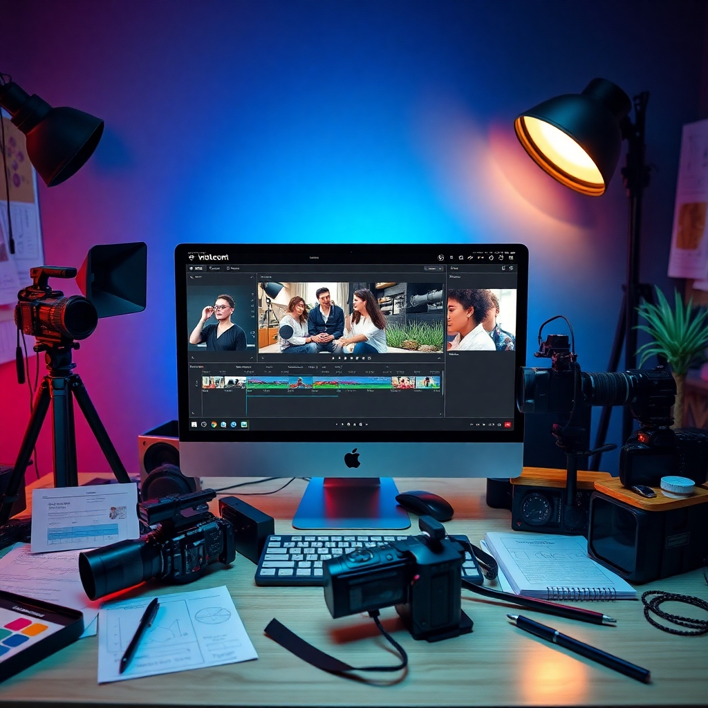 Create an image showcasing modern video editing software on a computer screen, surrounded by tools such as cameras, lighting equipment, and storyboards. The setting should be a vibrant, creative workspace filled with color and life, exuding inspiration and focus.