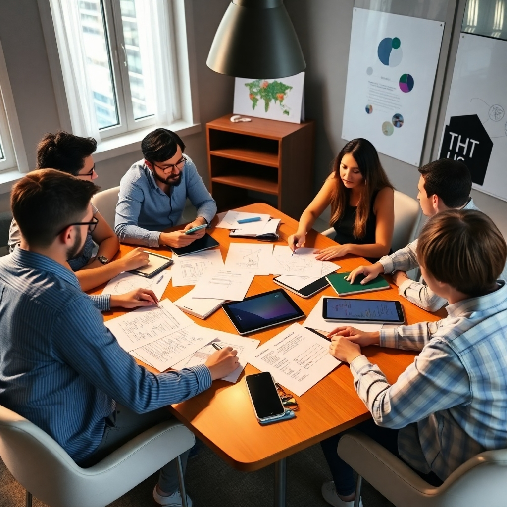 Create an image showing a creative team brainstorming around a large table filled with digital marketing materials and devices. The lighting should be warm and inviting, highlighting the collaborative spirit of the team. Include elements like sketches and strategy documents around, conveying a sense of organization. Capture the essence of teamwork in a polished, high-quality style.