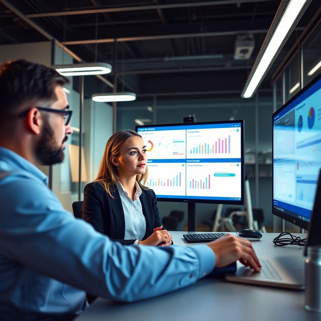 Create an image that depicts instructors reviewing learner analytics on interactive dashboards in a modern office. The room should be sleek and high-tech, with soft lighting creating a productive atmosphere. Use a close-up angle to capture the details of the analytics displayed on screens and the instructors' focused expressions. High-quality, 150-200 words.