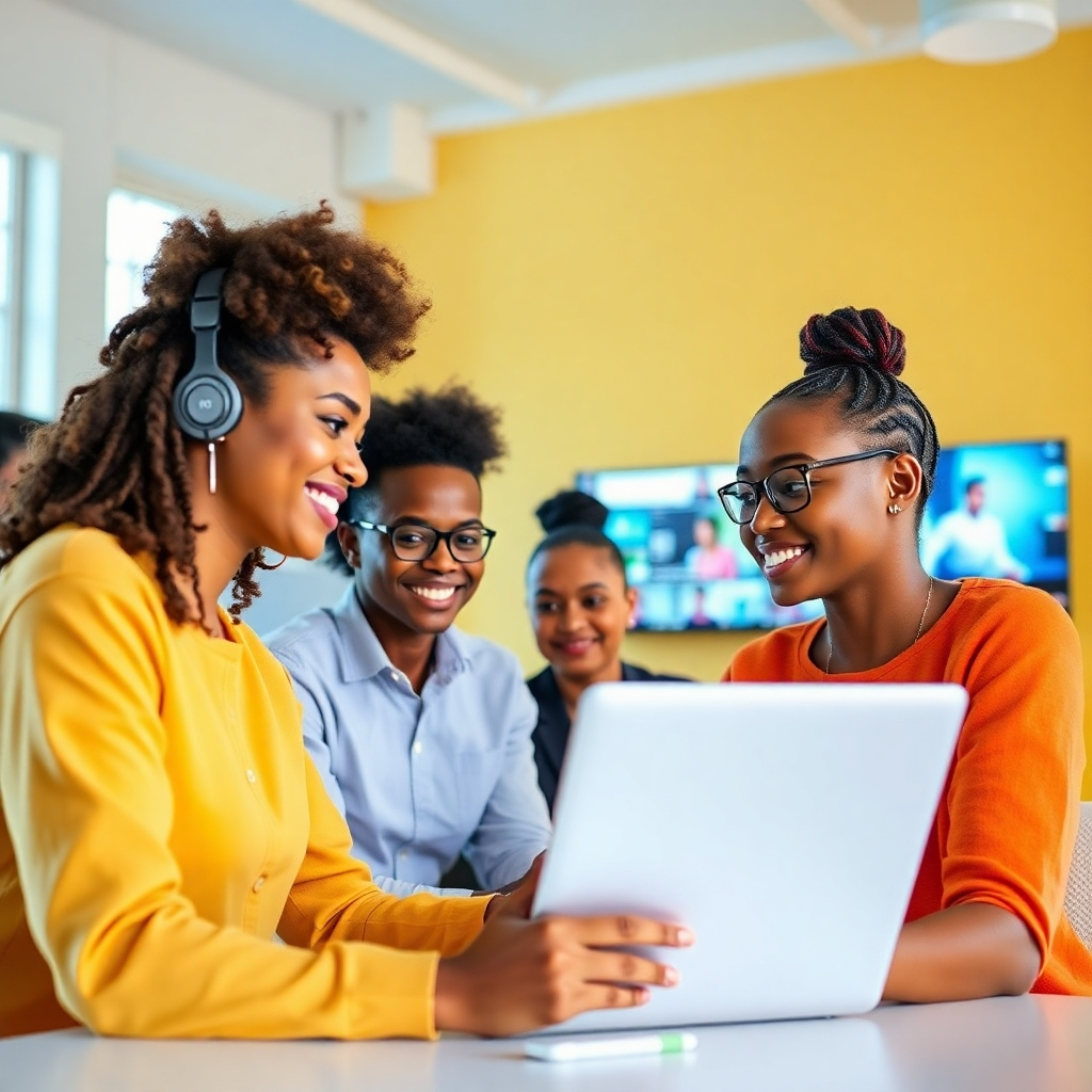 Create an image that reflects diversity in video creation, showing individuals of various backgrounds and skill levels using MovieReelAI in a collaborative setting. The environment should be bright and inclusive, promoting a sense of community. Include visual elements like shared screens and easy-to-use interfaces that embody accessibility. The vibrant, inviting color palette enhances the warm atmosphere of creativity at work in a collaborative team dynamic.