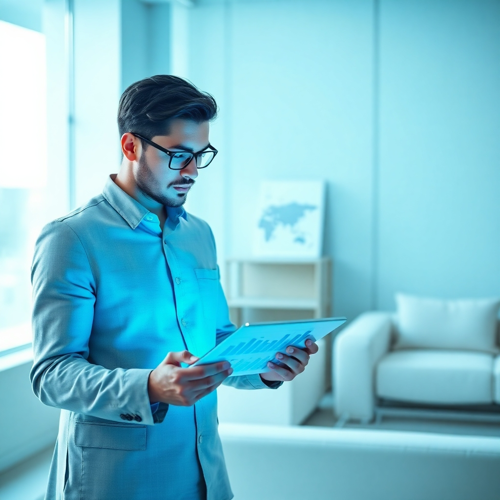 Create an image that represents transparency in business practices, featuring an entrepreneur reviewing clear financial reports on a transparent digital tablet. Use crisp lighting to reflect clarity, with blue tones symbolizing trust. The environment should be a minimalist office space that highlights professionalism and modernity with sleek furniture and soft textures.