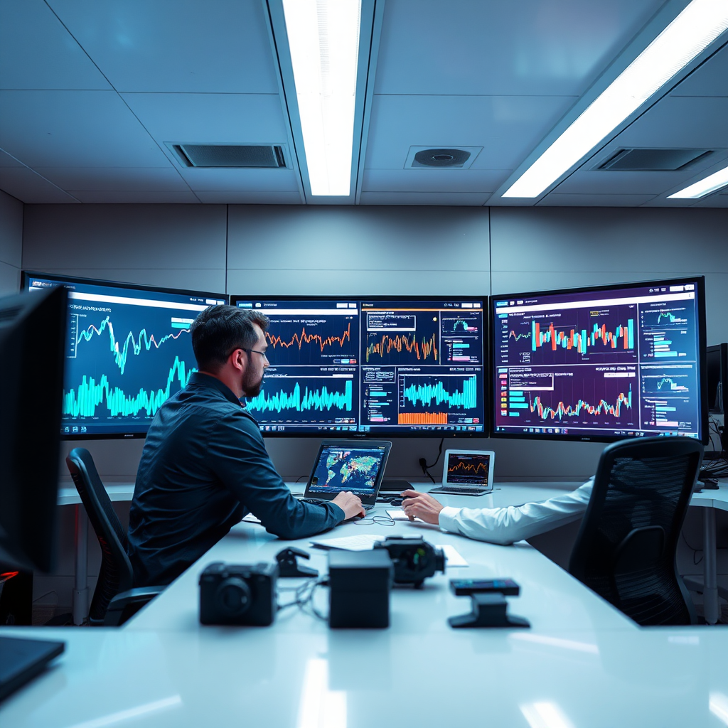 Create an image that showcases professionals analyzing complex data sets on multiple screens. The room needs to have an advanced feel with streamlined design. Utilize bright lights to create an energetic atmosphere, along with cool colors to convey focus. The textures should be clean and modern, emphasizing technology’s role in decision-making. The camera angle can be slightly elevated to encapsulate the entire analytical setup, ensuring high-quality, photorealistic detail.