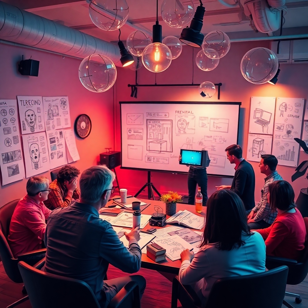 Create an imaginative image of a brainstorming session where ideas are being transformed into video production plans. Show a creative team surrounded by concept sketches and modern tech. Use warm lighting to create an intimate yet dynamic atmosphere, with colors that foster creativity. The environment should feel alive with possibility, embodying the transmutation of concept into a lucrative reality.