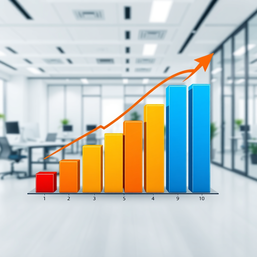 Create an impactful image presenting a bar graph that illustrates success metrics from users of LocalBizAI. The image should be stylized with bold colors and dynamic movement to suggest growth and success. A modern office environment in the backdrop provides context. Make sure the visual concept is high-res, showcasing detailed graphics that illustrate the data.