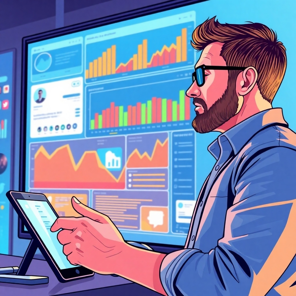 Create an inspiring scene of a marketer analyzing real-time social media feedback on a large screen. Illustrate the screen displaying real-time metrics and trends while having the person look thoughtfully engaged. Use vibrant colors and clear lighting to evoke determination and insight. Show elements of technology such as tablets and phones, all crafted in high-quality realism to emphasize the power of timely information.