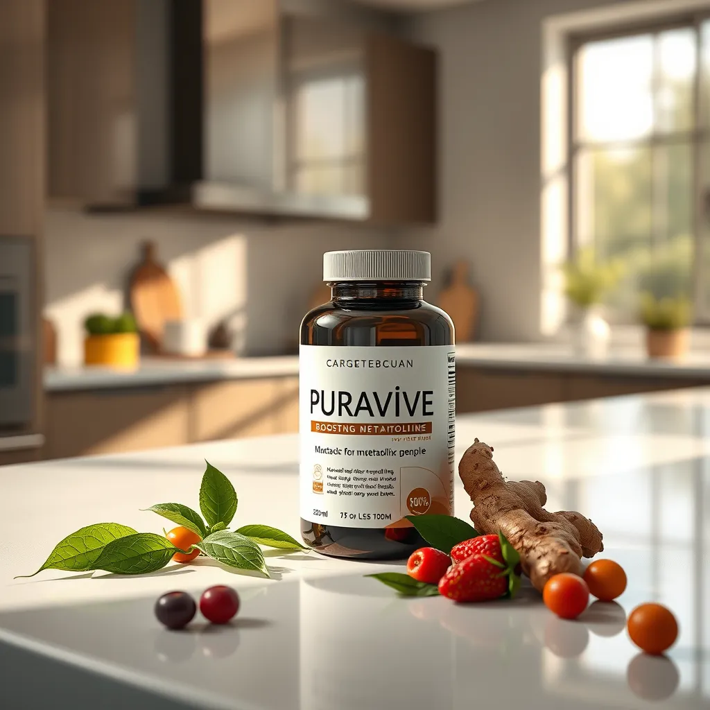 Create an ultra-high quality, photorealistic image depicting a bottle of Puravive supplement placed on a sleek, modern kitchen counter. The bottle should have a sophisticated, minimalist design with clear, easy-to-read labeling. Surrounding the bottle, illustrate a few natural ingredients known for boosting metabolism, such as vivid green tea leaves, vibrant ginger roots, and fresh, colorful berries. The scene is illuminated by soft diffused lighting coming from a large window, casting gentle shadows and adding realism. The color palette should be natural and inviting, with earthy tones and a touch of greenery to signify health and wellness. Capture the texture of the ingredients and the sleekness of the bottle with ultra-detailed attention. In the background, a blurred view of the modern kitchen adds context without distracting from the main subject. Style the image in the manner of a high-end product advertisement, ensuring 8K resolution and hyperrealistic detail for a professional finish.