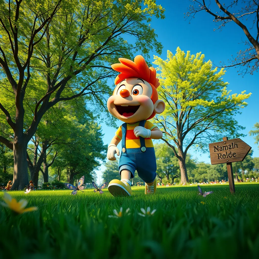 Create an ultra-realistic scene featuring a beloved cartoon character in a vibrant park setting. The character, dressed in colorful attire, should be mid-motion, with its mouth open as if speaking. Soft diffused lighting bathes the scene, enhancing the cheerful atmosphere. The color palette includes bright greens of the surrounding trees and playful colors from blooming flowers. The camera angle is a low shot, allowing the character to appear larger-than-life against the backdrop of blue skies. Focus on hyperrealistic textures for the character's outfit and skin, with detailed environmental elements like grass and animated butterflies fluttering in the foreground. Include props like a small whimsical signpost nearby, giving the setting more context. This image should be in 8K resolution and ultra-detailed, capturing both the charisma of the character and the enchanting environment.