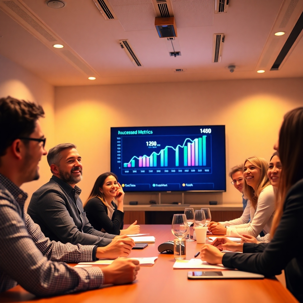 Depict a captivating visual of a successful business meeting, where team members celebrate over increased metrics displayed on a large screen. Use warm lighting to create an inviting atmosphere, with an uplifting color palette. Emphasize expressions of joy on faces. Capture the moment from a slightly elevated angle to convey the size of the room and the excitement of the team. Ensure the image is high quality, targeting a realistic finish.