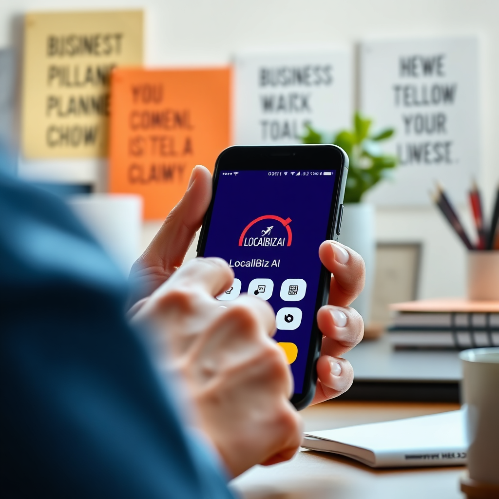 Depict a close-up of a user’s hands interacting with LocalBizAI on a smartphone, showcasing the app’s sleek design. The backdrop should be a beautifully arranged desk with business planning tools and motivational quotes. Use natural light to give a fresh, inviting feel to the setting. A photorealistic close-up in high quality highlights the ease of interaction.