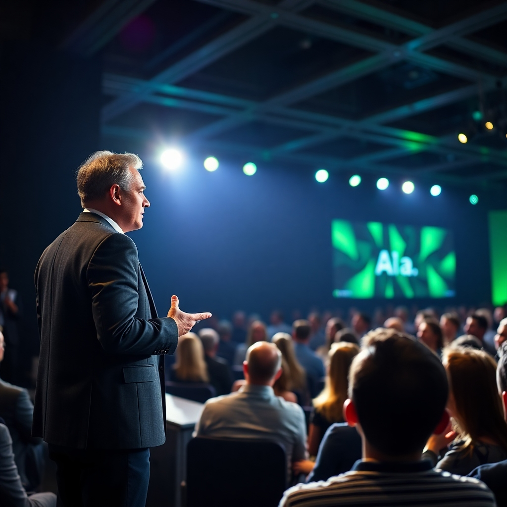 Depict a confident business leader presenting AI marketing insights to a captivated audience. Bright stage lighting should create a focus on the speaker, while a dimmed background suggests an engaging event atmosphere. Colors can be dark with accents of bright green, representing innovation and growth. Utilize a wide-angle perspective to capture the ambience and audience reactions. Texture details should reflect a modern conference setting. Style references: motivational and contemporary.
