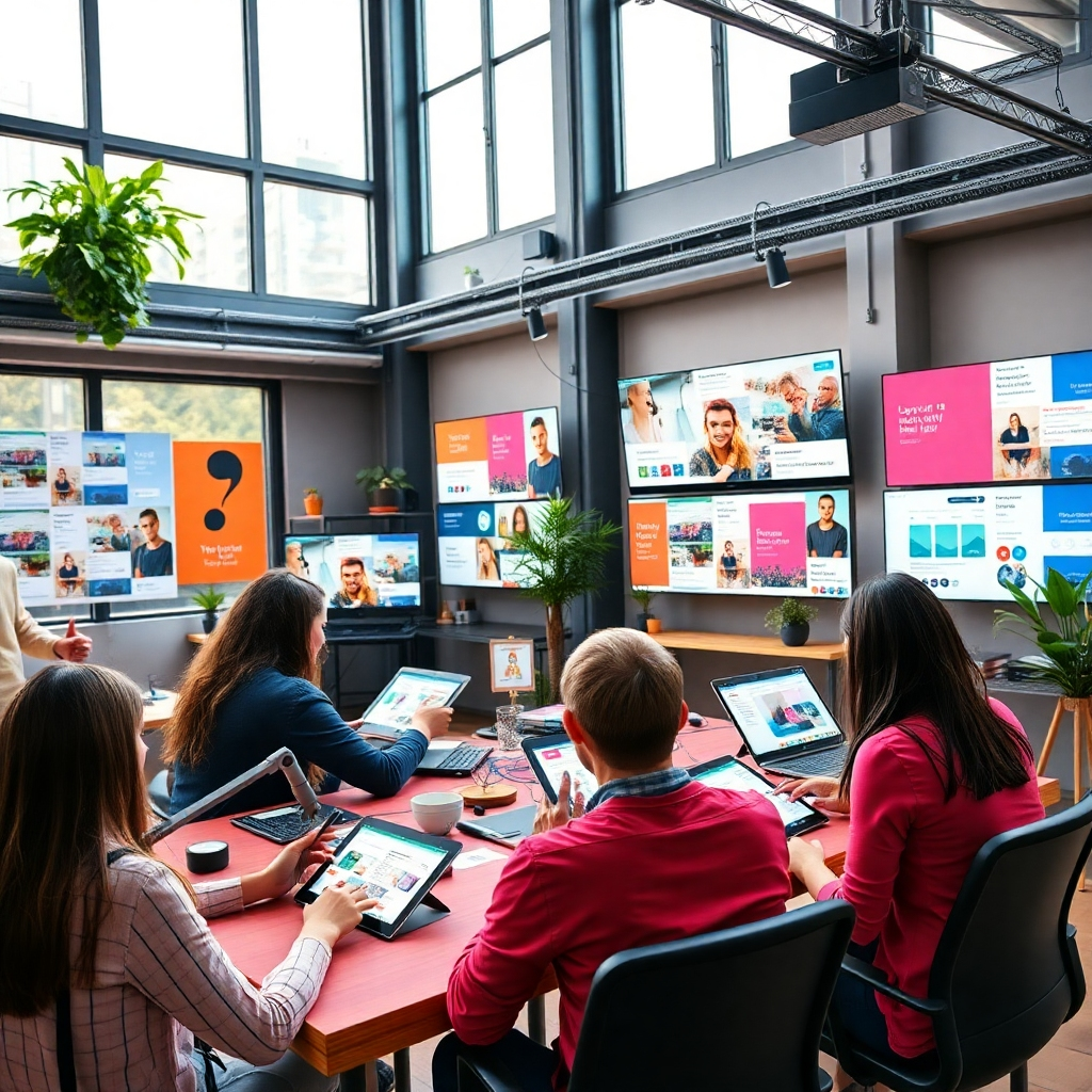 Depict a creative studio environment where creators are drafting viral content on digital devices. The space should be filled with inspiration and vibrant colors, showcasing digital screens filled with potential posts. Natural light should filter through large windows, creating an inspiring atmosphere. The image should reflect teamwork and innovative thinking in a modern setting. High-resolution quality is essential for capturing the energy of the moment.