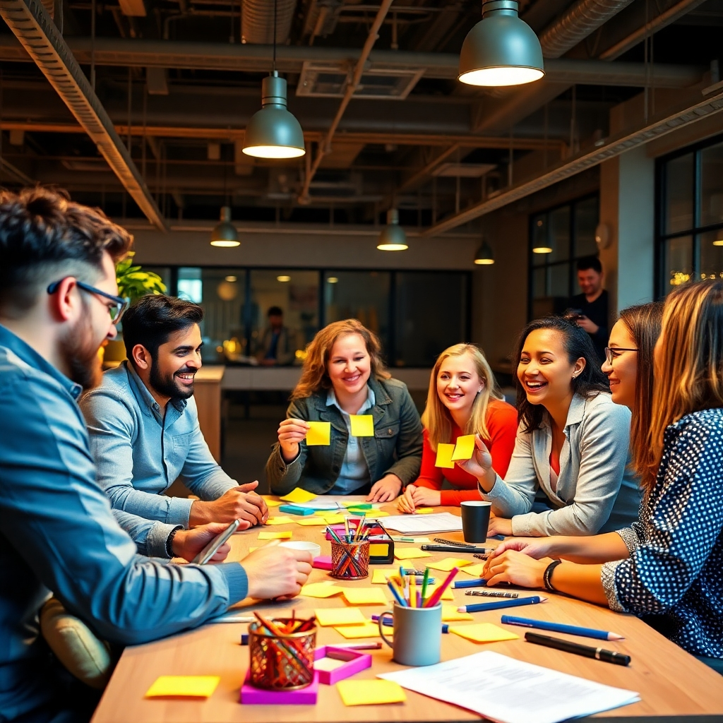 Depict a creative workspace environment where diverse creators are brainstorming viral content ideas. Bright, lively elements like sticky notes and creative tools should fill the setting. The lighting should be joyful, emphasizing creativity. Capture the dynamic energy of collaboration in a modern, high-tech office.