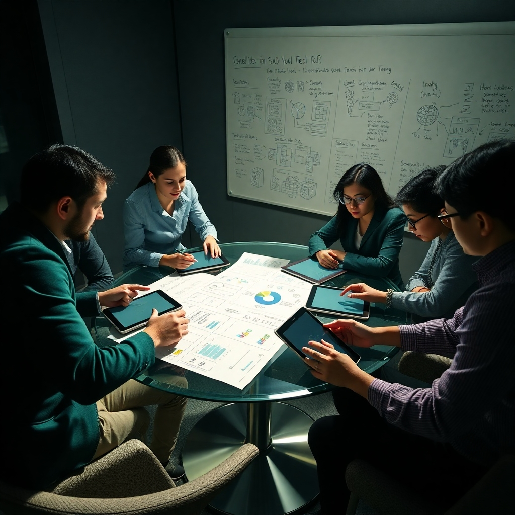 Depict a dynamic team brainstorming around a round glass table, with digital tablets and schematics of SaaS tools spread out. Dramatic side lighting highlights the intensity and collaboration of the group, creating a serious yet motivating atmosphere. The color palette focuses on deep greens and rich grays for a professional vibe. The camera angle is at eye level, capturing expressions of determination. The textures of the table and materials should reflect a modern, innovative workspace. Background elements include a large whiteboard filled with notes and ideas. Incorporate styles inspired by contemporary tech offices. The final image should be ultra-detailed, showcasing 8K resolution for pristine clarity.