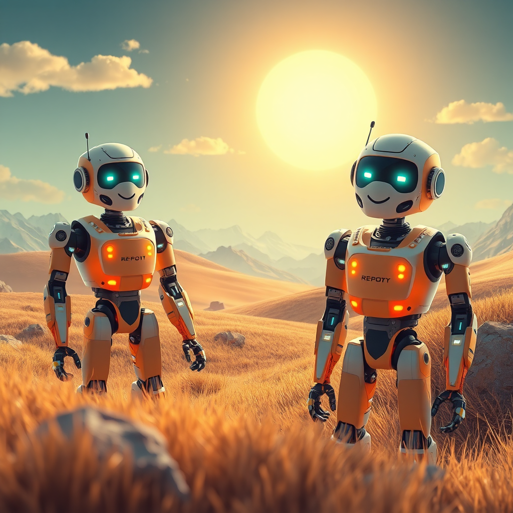 Depict a futuristic landscape where AI robots protect a digital world. The robots should appear friendly and diligent, with glowing features. A bright sky signifies hope for the future of cybersecurity. Use a vibrant color palette of oranges, blues, and greens to convey optimism. This high-quality image should represent a balance between technology and humanity.