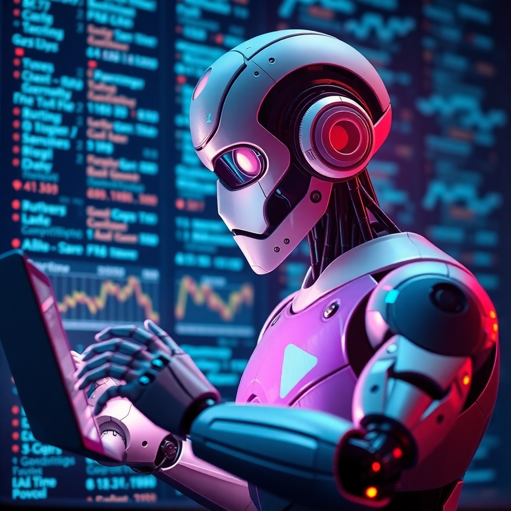 Depict a futuristic robot analyzing data online, surrounded by a digital matrix showcasing trending topics in real-time. Use dramatic lighting to emphasize the robot's features and create a sense of technology at work. The background should include gentle pixelation for a cybernetic feel. Ensure a high-quality, captivating appearance.