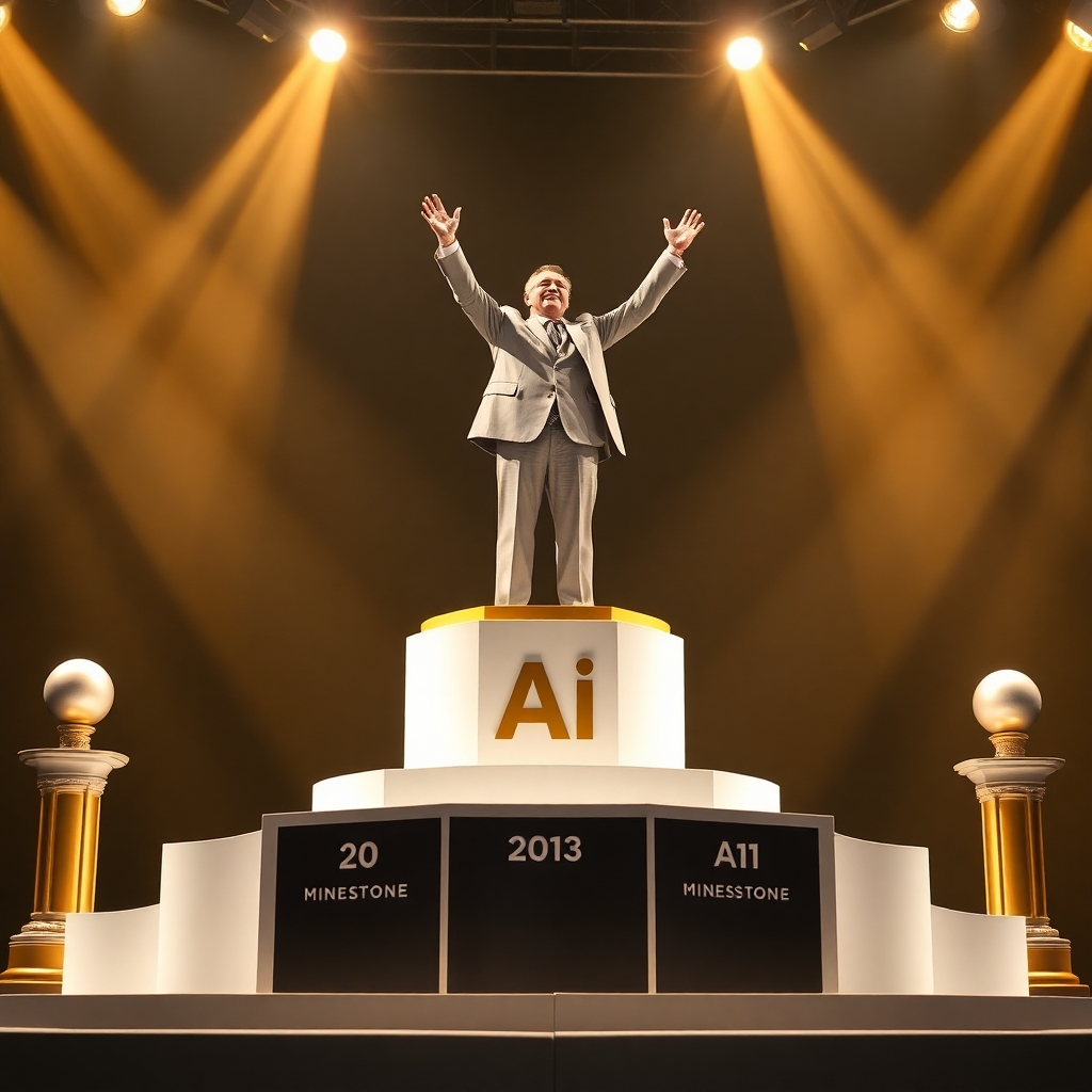 Depict a leader standing triumphantly atop a podium marked with AI milestones. Bright spotlighting should create a triumphant atmosphere. The color scheme should feature gold and white, representing achievement and excellence. A slightly elevated camera angle would enhance the status of the leader. Textures should be polished and refined. Create an inspirational and victorious scene.