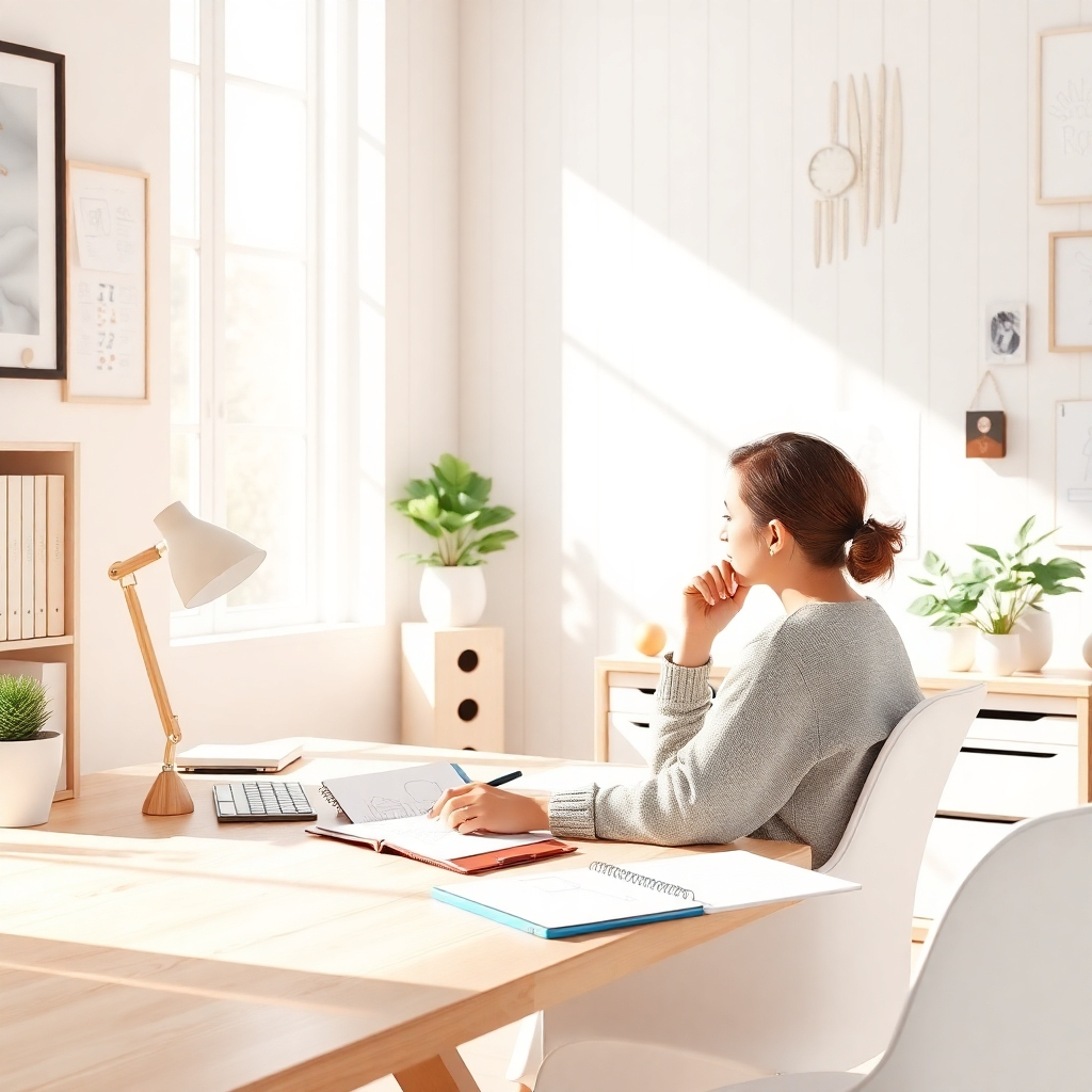 Depict a photorealistic image of a serene workspace where a person is calmly contemplating ideas for their online courses. The scene should convey tranquility, with natural light streaming through, enhancing a sense of focus. Use a soft, warm color palette featuring whites and light woods. Include creative tools like a notepad and sketches in the image to evoke the innovative planning process.