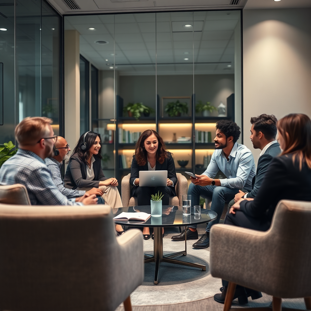 Depict a professional consultation room with a diverse team engaged in discussing A.I. integration strategies. The room should utilize contemporary furniture and technology to create a modern atmosphere. Soft lighting should foster an inviting environment. The imagery should focus on the interaction among team members, showcasing knowledge-sharing and strategy development. Textures and colors should reflect professionalism and warmth.