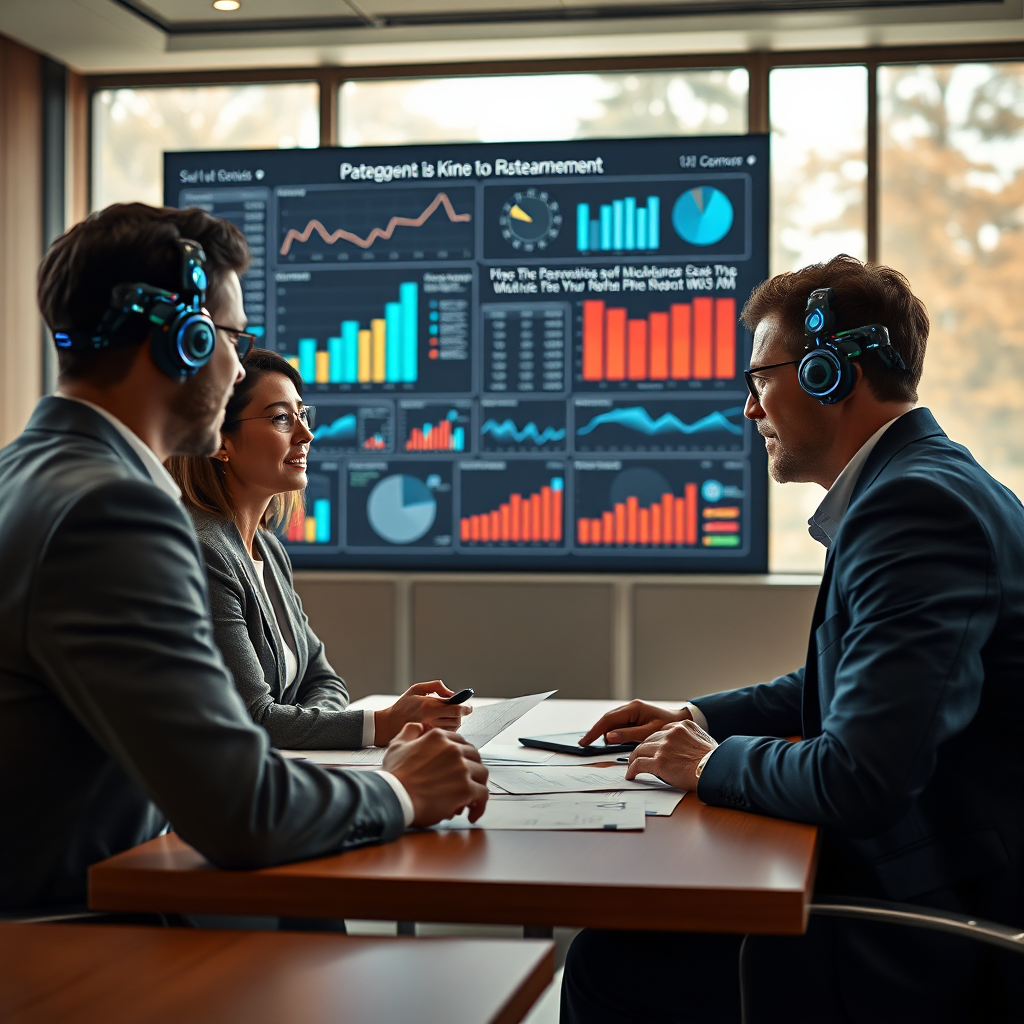 Depict a scenario where a group of professionals is engaged in a discussion, aided by AI clones presenting data. The setting should be a contemporary conference room with a large digital display showcasing analytics. Warm, natural light filters in, creating an inviting atmosphere. The camera angle should include the engaged expressions of the human participants as they interact with AI-generated insights. Incorporate elements like charts and reports in high detail, designing for a modern corporate aesthetic at a high resolution.