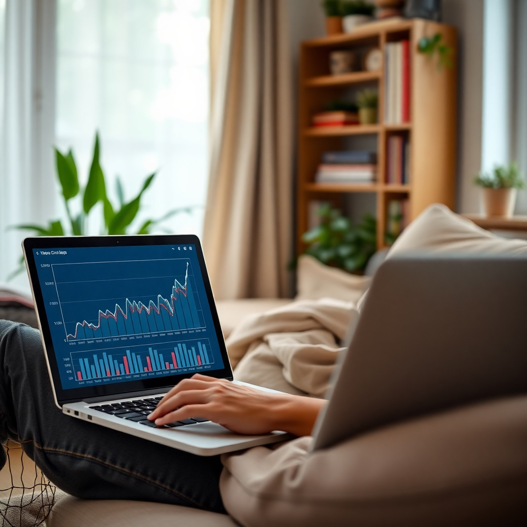 Depict a serene individual enjoying leisure time at home while their laptop displays graphs of steadily increasing traffic. The setting should have a comfortable, inviting atmosphere, with soft lighting and a pleasant indoor environment, symbolizing life without traffic worries. Incorporate personal touches in the background, like plants and books, that create warmth. The camera angle should capture both the person and the laptop screen clearly, emphasizing the contrast of relaxation with productivity. The image should be photorealistic and compelling, in high quality.
