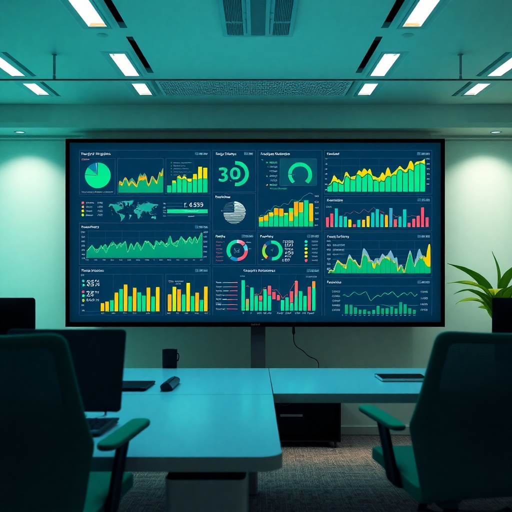 Depict a stylish analytics dashboard filled with colorful graphs and performance metrics on large screens. The setting features a modern office with ambient lighting, focusing on clarity and precision. A color palette of greens and light greys signifies calmness and analysis. Style references: infographic style. 4K resolution, high quality.