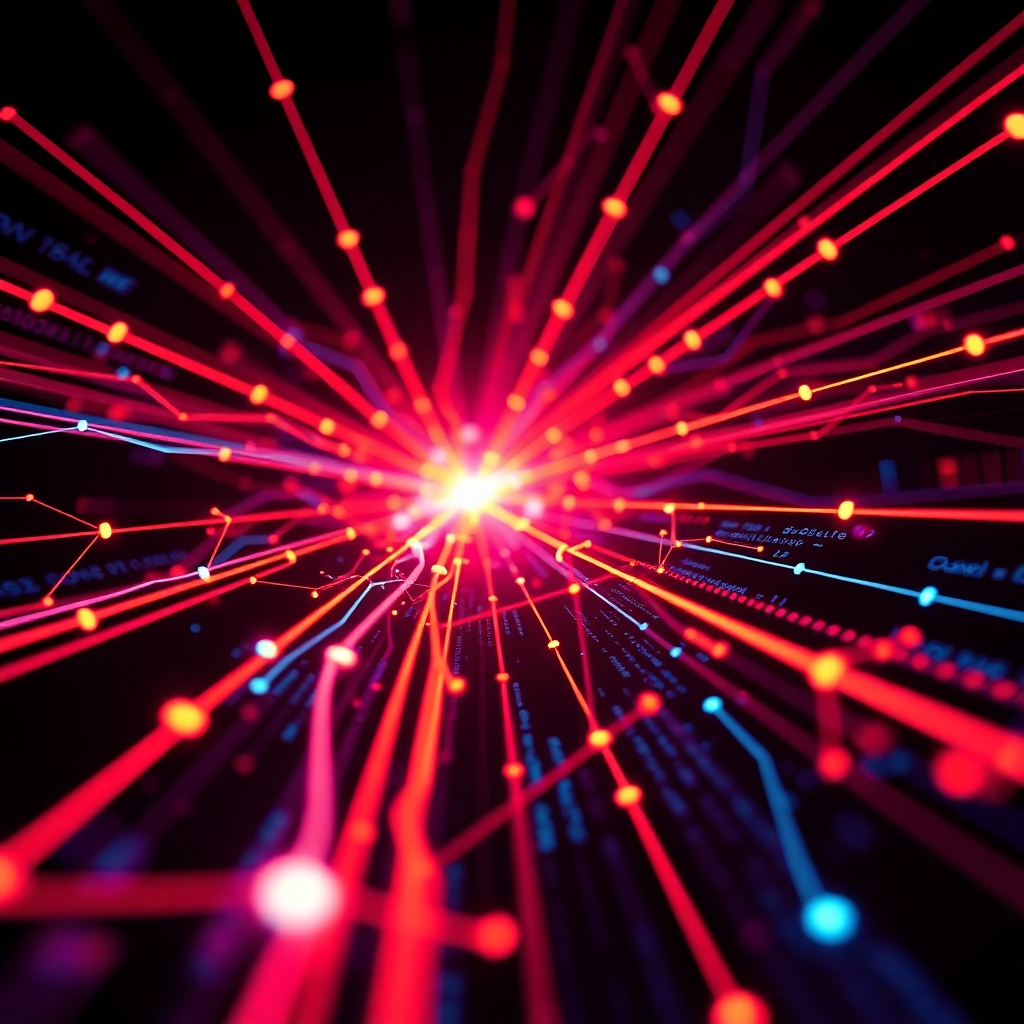 Depict a stylized image of a digital graphic representing network connections and algorithms. The composition includes vibrant lines and nodes emphasizing interconnectedness. A dark background with bright neon colors creates a tech-savvy vibe. The camera angle captures a dynamic flow, suggesting rapid movement and innovation. Textures may include digital circuits or code snippets. Style reference: futuristic technology. Resolution: 4K, high quality.