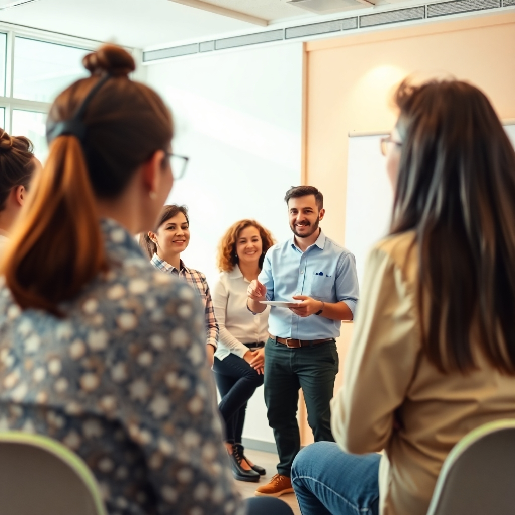 Depict a training session in progress, with an instructor guiding a group of engaged learners. Use bright, cheerful lighting to create an energized setting. The color scheme should include light greens and whites for freshness. An angle showing both the instructor and the participants would add depth to the learning environment. Textures should reflect open space and active engagement. Aim for a vibrant, educational feel.