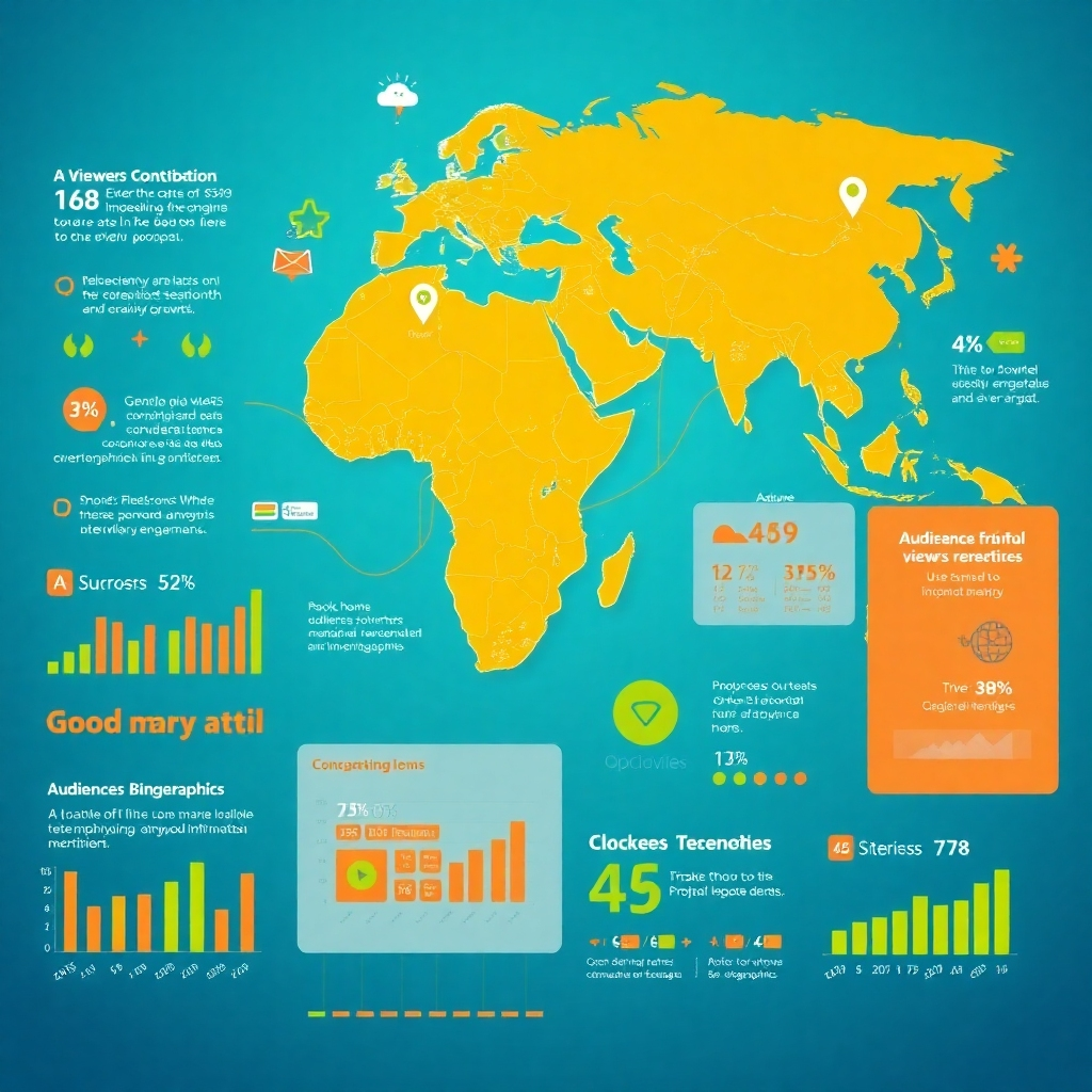 Depict a vibrant, animated digital map showcasing audience growth over time. Graphics should illustrate a variety of viewer demographics and engagement metrics, brought to life through lively animations and infographics. Use dynamic colors like orange and green to project energy and growth. This animation should feel engaging and interactive.