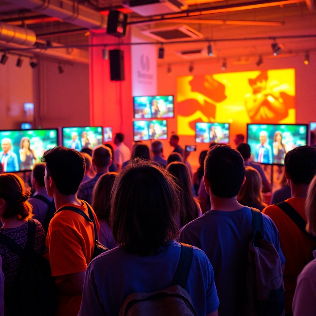 Depict a visual of a diverse group of viewers engaging with various content on screens around them. Use richly saturated colors to evoke enthusiasm and involvement. The environment should suggest a community atmosphere with interactive elements. Style references: dynamic and engaging. 4K resolution, high quality.