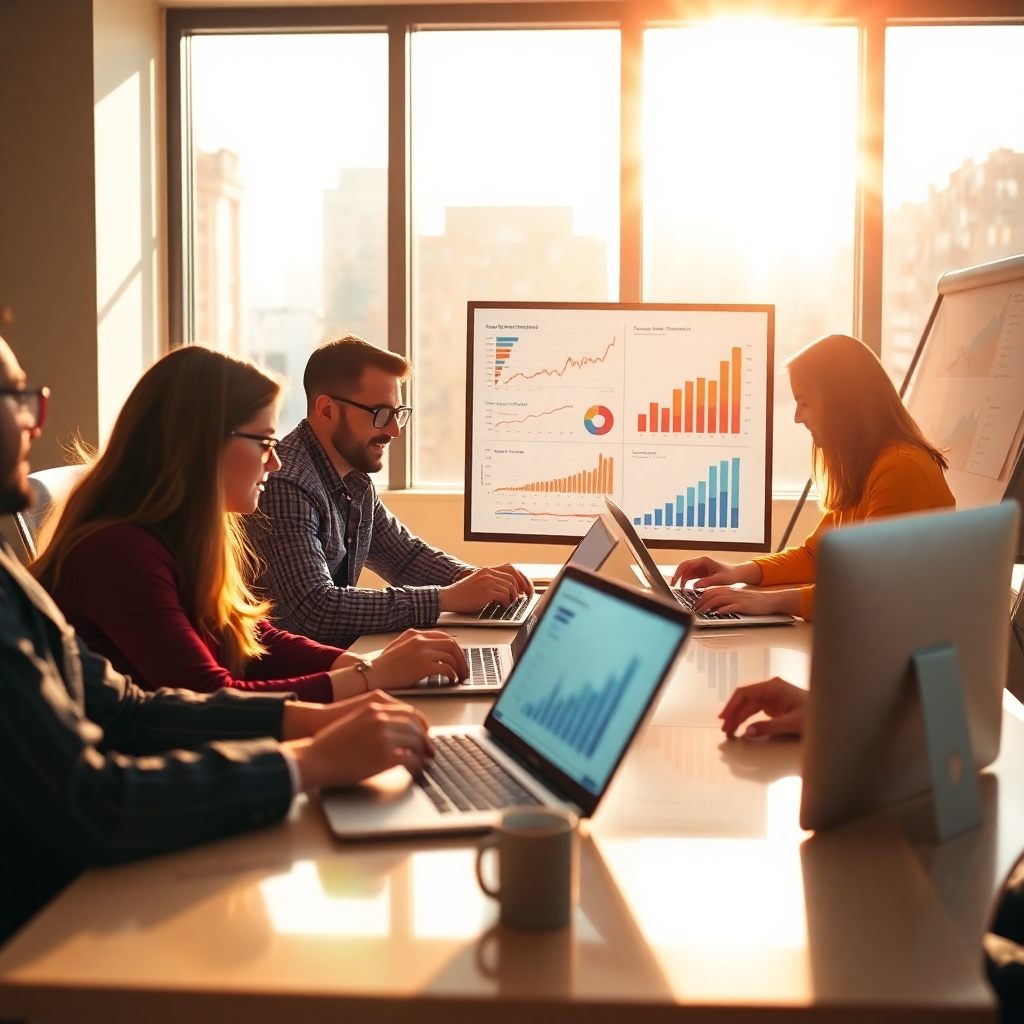 Depict a visual of a marketing team fully engaged in analyzing real-time data trends on their laptops. Light should stream in from large windows, creating a sense of urgency and dynamism. The color scheme should incorporate vibrant colors like reds and yellows to convey energy and enthusiasm. Include charts and infographics visibly projected on screens or whiteboards. Capture the scene in a hyperrealistic style that communicates teamwork and innovation, ensuring all details are high-quality and clear in 4K resolution.