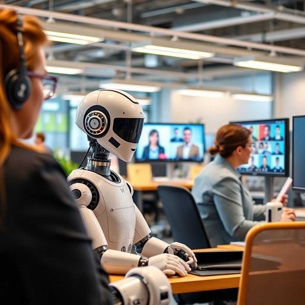 Depict a well-organized workspace where automated chatbots are efficiently handling customer inquiries. Use bright colors to convey a sense of speed and efficiency, with visuals of satisfied customers on screens. This image should highlight the benefits of automation in a busy business environment through a professional 4K quality lens.