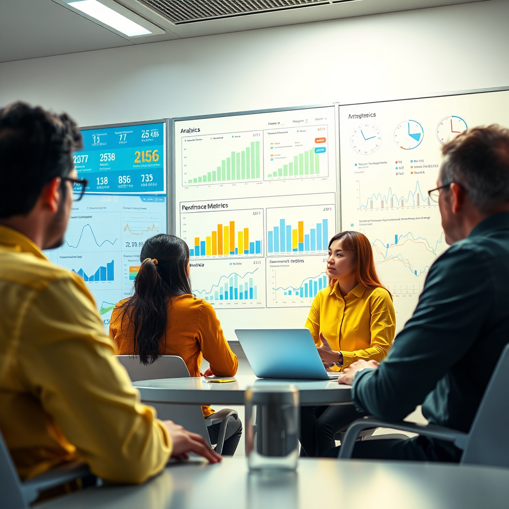 Depict an analytical session where a group assesses performance metrics, surrounded by visual data displays. The setting should be modern and insightful, with bright, focused lighting highlighting discussions. Utilize a color palette of yellows and blues to enhance motivation and insight. Show whiteboards filled with numbers and graphs. Capture the image from a mid-range perspective to include both participants and their analytical tools. Ensure the final output is high-quality and photorealistic.