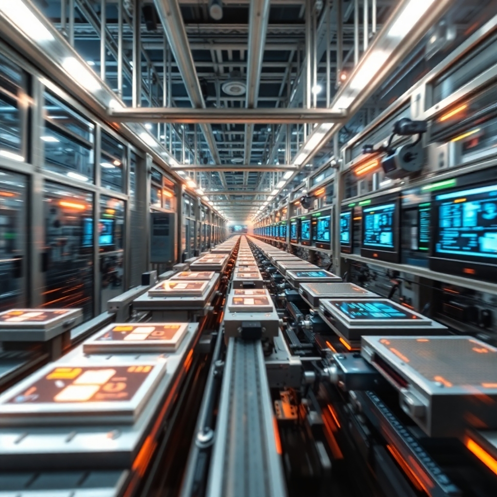 Depict an automated assembly line of content creation, where digital items are being processed at high speed. Use a blend of cool metal and bright digital effects to suggest efficiency. The environment should be futuristic, with sleek machinery showing interconnectedness. Capture dynamic movement through the composition, emphasizing a high-speed, automated process. The image should be high-resolution and striking.