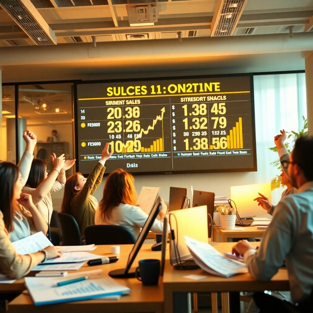 Depict an engaging, photorealistic image of a scoreboard displaying rising sales figures driven by AI chatbot performance. The environment should resemble a bustling sales office with enthusiastic team members celebrating results. Soft evening light casts a golden glow, accentuating the joyous atmosphere. Utilize a mix of colors like gold and blue to symbolize achievement, with textured papers and graphs scattered on desks. The image is meant to inspire success.