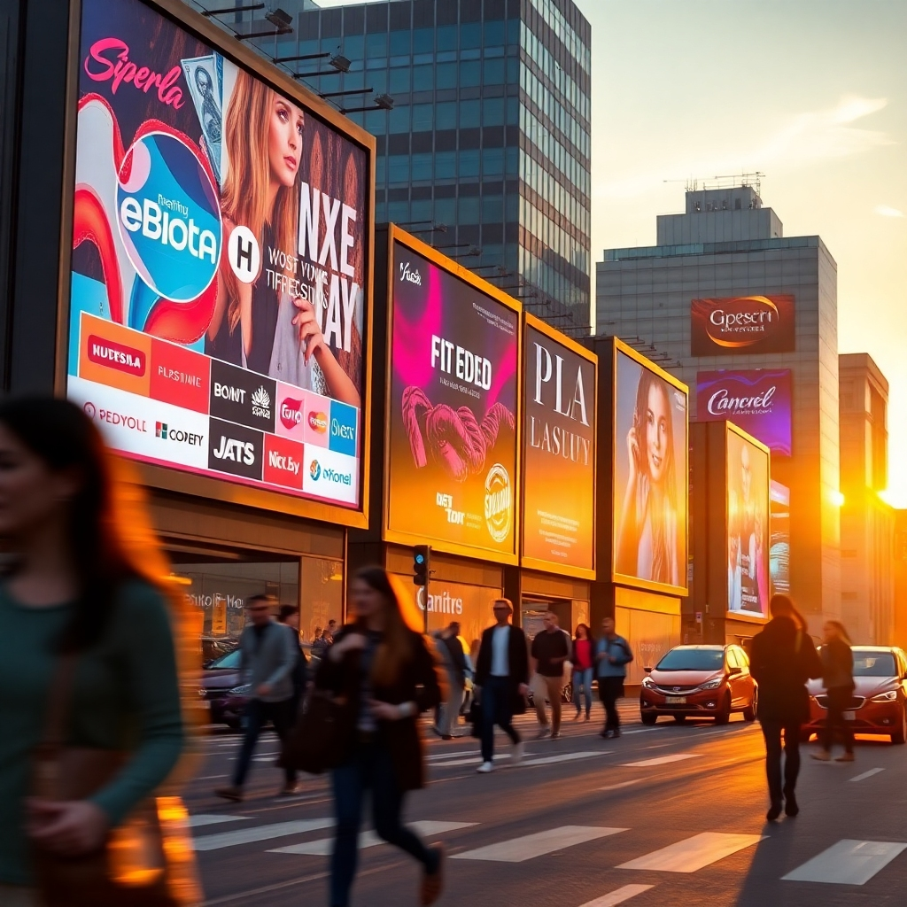 Depict the effect of AI social media automation on brand visibility through an image of an outdoor billboard showcasing diverse brands with vibrant imagery and digital effects. The scene should be set during sunset, with golden light casting an appealing glow over the billboards. Include blurred passerby figures indicating a busy street, suggesting that many are seeing the ads. The composition should focus on the billboards while conveying the hustle of urban life, creating a high-quality, photorealistic image with a touch of vibrancy.