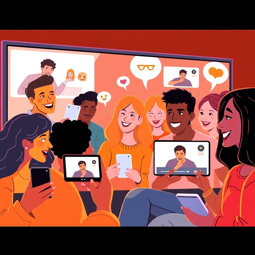 Design a captivating image of an online community engaged with content created by ChannelBuilderAI. Illustrate a diverse group of people watching videos on different devices, immersed and smiling. Use warm tones to represent a positive vibe, and include elements like speech bubbles or emojis to convey interaction and feedback. This image should use a wide-angle perspective to capture the social essence of digital engagement.