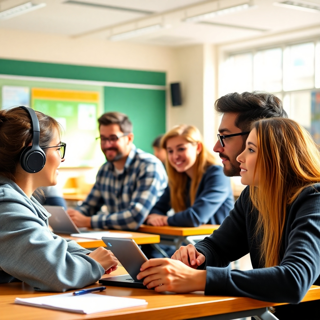 Design a classroom-like environment where users engage with MovieReelAI's learning resources, showcasing them immersed in tutorials and interactive content. Bright, inviting colors and natural lighting create an inspiring space for growth and learning. Close-up views should highlight the users’ expressions of enlightenment as they discover new techniques, emphasizing the transformative nature of the educational experience.