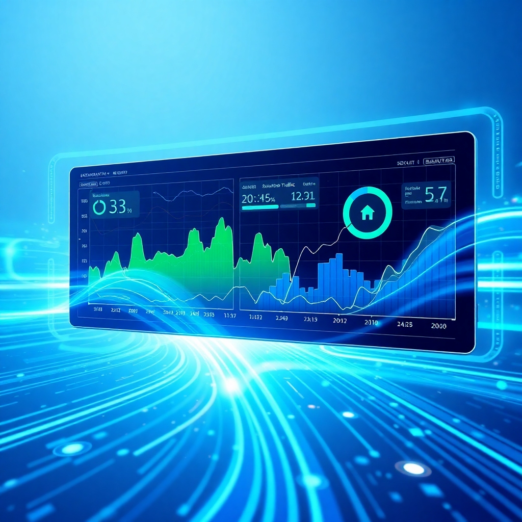 Design a clean, modern image showcasing a futuristic automation interface filled with flowing data graphs and automated traffic stats. Use a color palette of blues and greens to connote technology and reliability. The background should be sleek and minimalist, allowing focus on the interface. Capture the energy of automation through dynamic movements in the data graphics. Ensure it's high-quality and engaging.
