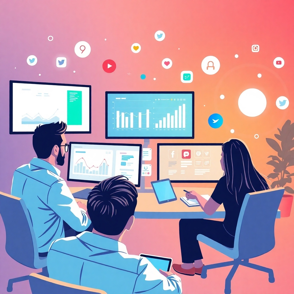 Design a dynamic image showcasing an effective social media strategy session. The scene should have a team collaborating over various social media platforms on screens with analytics data. Use a bright and energetic color palette to convey enthusiasm and engagement. Elements like graphs and icons should create a sense of movement among the team members. The environment should encapsulate a tech-savvy space dedicated to innovation, illustrated in high quality.