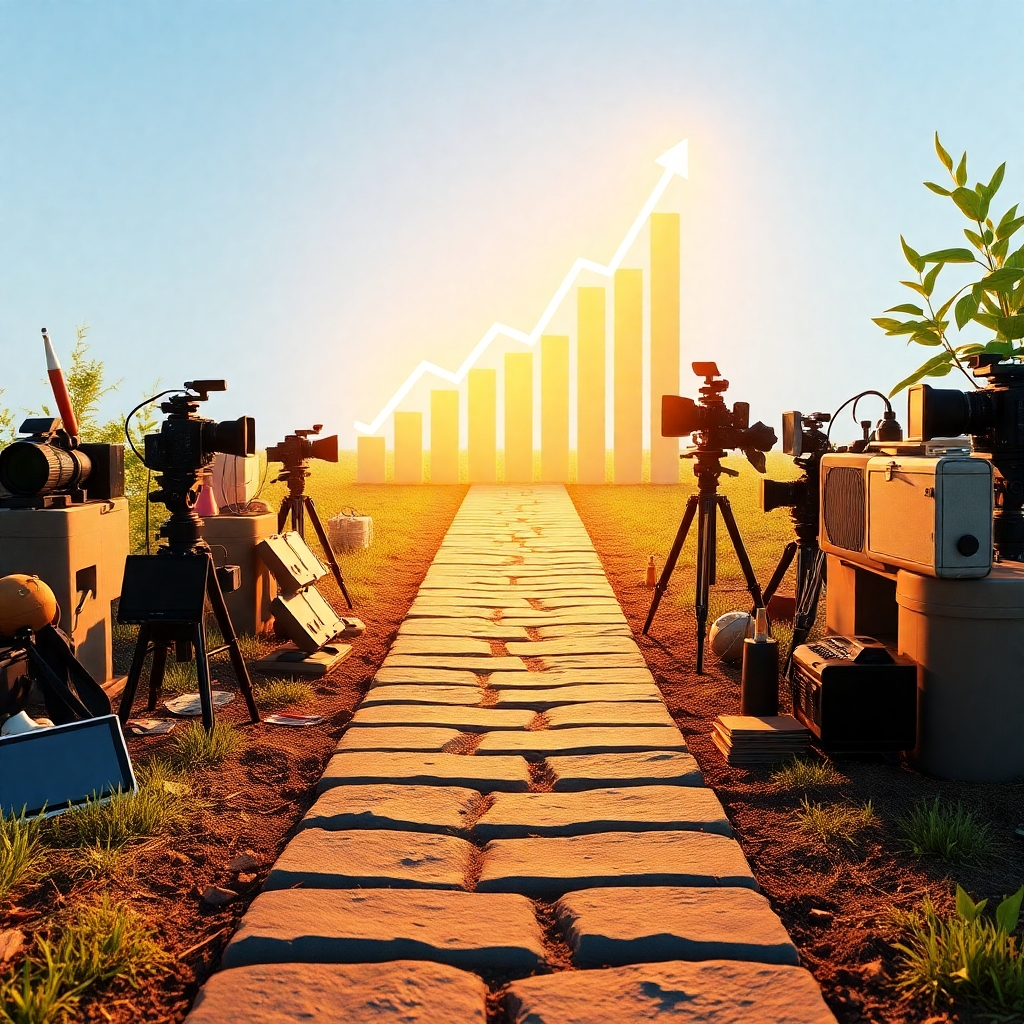 Design a photorealistic image showing a pathway leading to a glowing financial graph, symbolizing the transition from video creation to profitability. The pathway should be surrounded by creative tools and video equipment, rendered in natural lighting to reflect possibility and growth. The colors should be bright and optimistic, enhancing the theme of success in video entrepreneurship. This image should inspire viewers to envision their journey to financial independence through video.